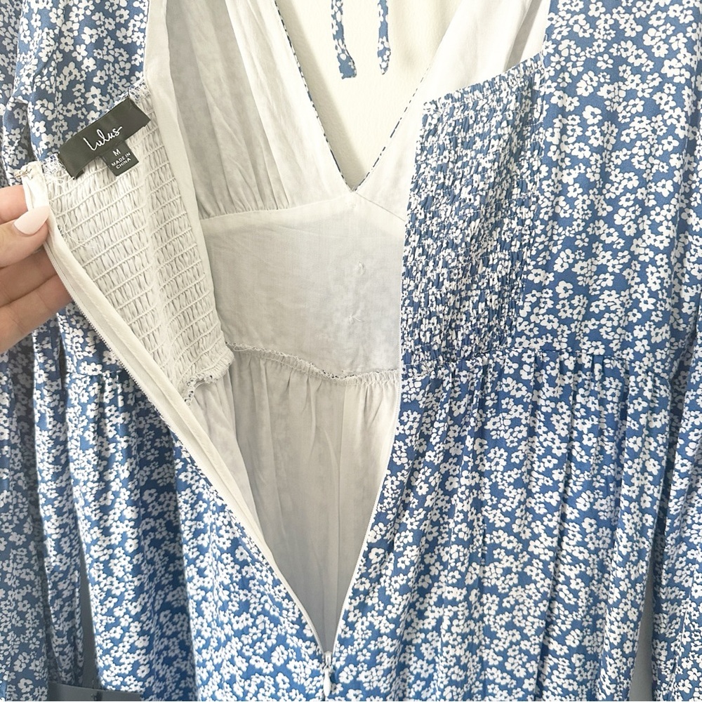 Lulu's Afternoon Out Blue Floral Print Long Sleeve Jumpsuit M NWT - Picture 12 of 14